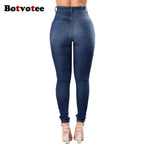 Botvotee Ripped Skinny High Waisted Pencil Jeans for Women Casual Y2K Streetwear Denim Pants Dark Blue Elastic Jeans Woman