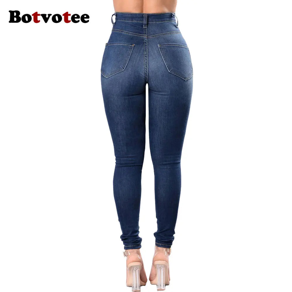 Botvotee Ripped Skinny High Waisted Pencil Jeans for Women Casual Y2K Streetwear Denim Pants Dark Blue Elastic Jeans Woman
