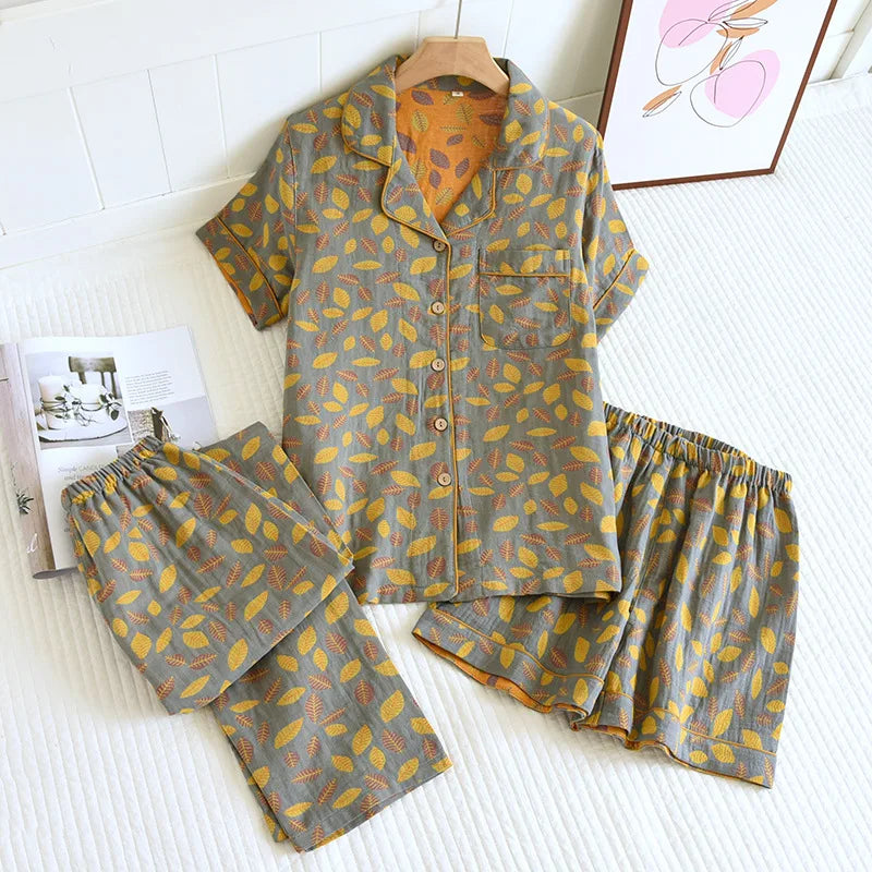 2025 New Spring/Summer Pajamas Three Piece Set Thin 100%Cotton Crepe Ladies Short Sleeves+Shorts+Pants Flip Collar Home Suit Set