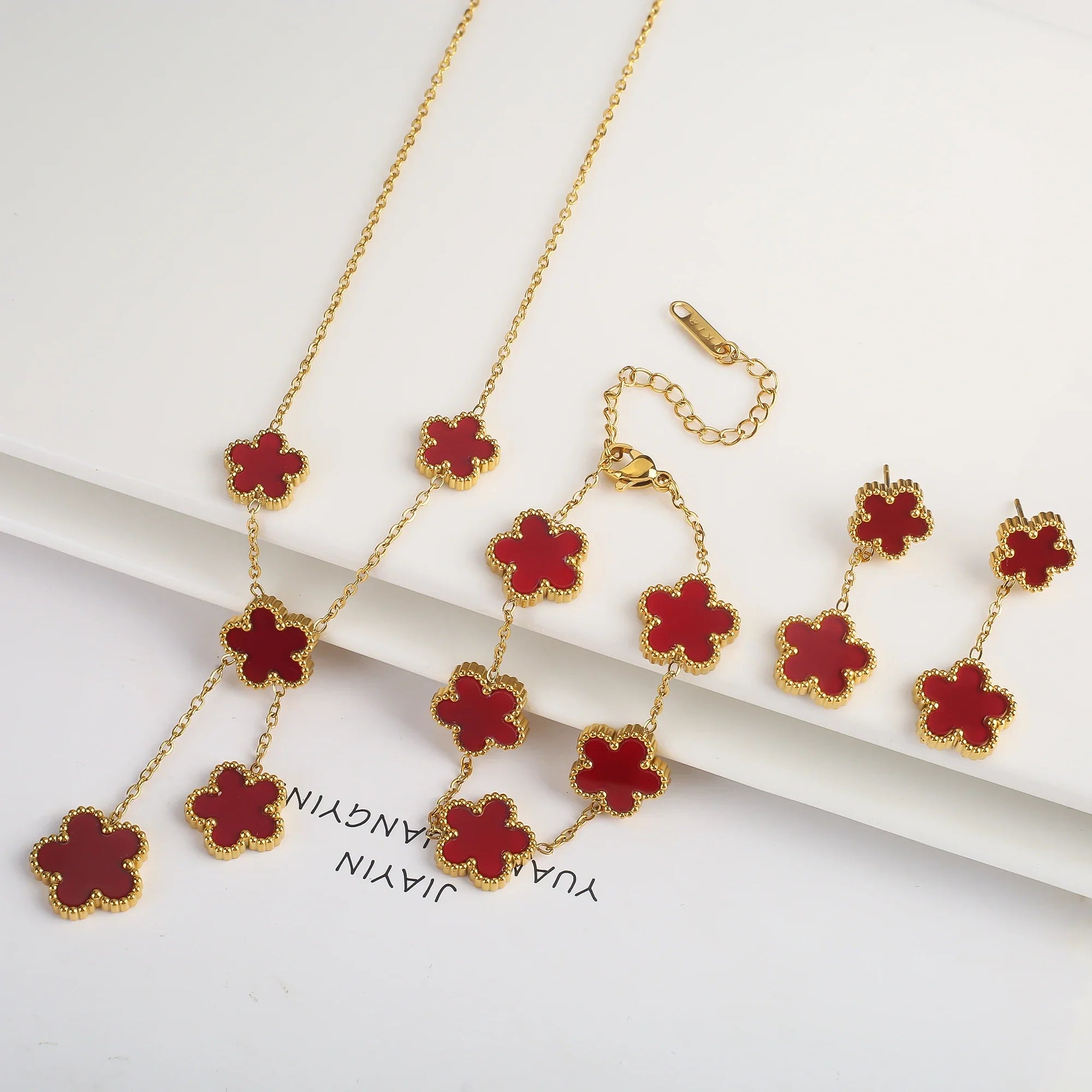 3Pcs Stainless Steel Hot Selling Gold Plated Clover Necklace Earrings Bracelet Jewelry Set Five Leaf Flower Jewelry For Women
