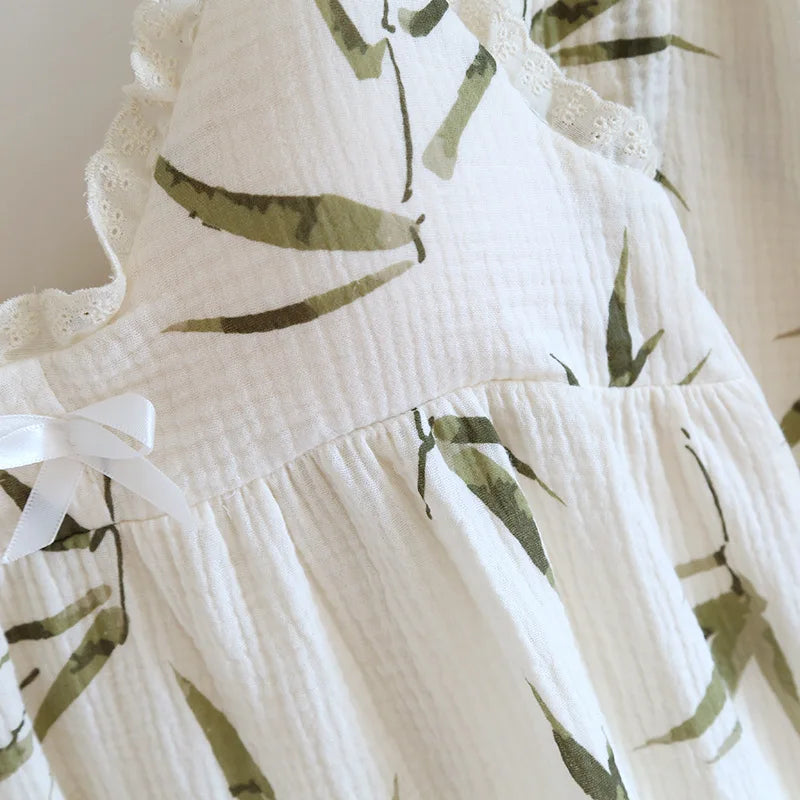 2025 Summer New Women's Two Piece Set of 100% Pure Cotton Crepe Cloth with Chest Cushion Sleepwear Sweet and Cute Home Fury