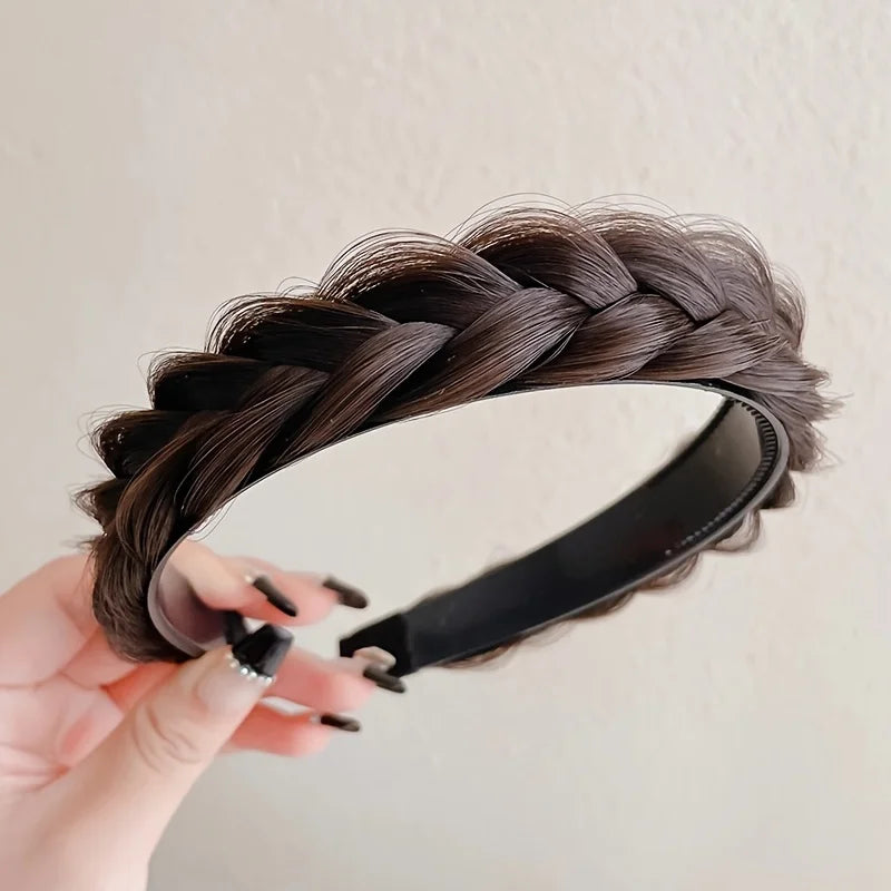 Elegant Bohemian Braided Wig Headband for Women - Non-Slip Teeth Design, Vintage/Boho Style, Plastic Hair