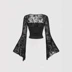 Design Sensation Lace Splicing Long Sleeve Mesh T-Shirt Sexy Elegant Style Full Sleeve Square Collar Polyester Fiber Top