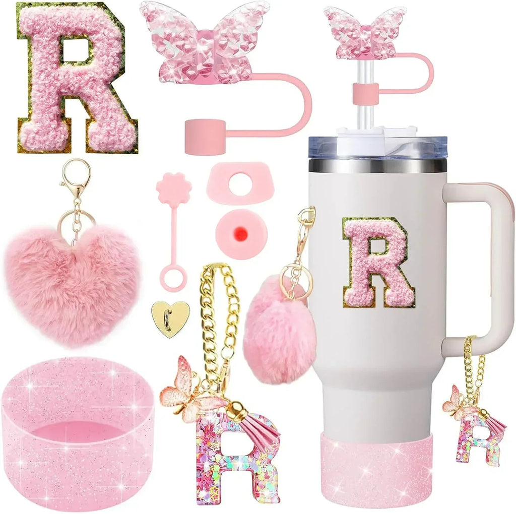 9PCS Accessory Set for Stanley Cup 30oz 40oz Butterfly Straw Cover Cap Silicone Boot Charm Initials Sticker Spill Proof Stopper