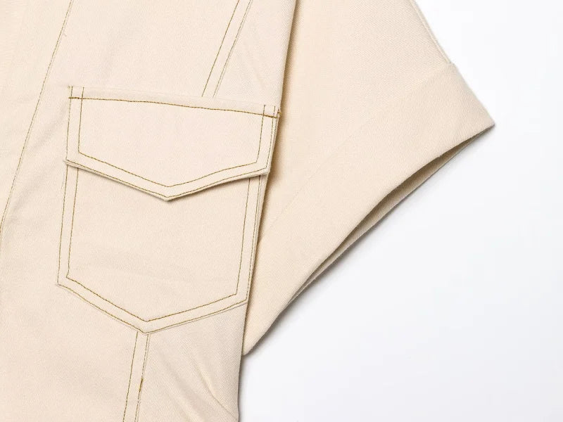 ETJ 2025 summer new TRAF women's elegant fashion waist pleated V-neck short-sleeved temperament denim MIDI dress