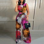 Elegant Women Wide Leg Long Juumpsuit 2024 Spring Summer Fashion Printed Sleeveless Casual Holiday Bodysuits Jumpsuits Trousers