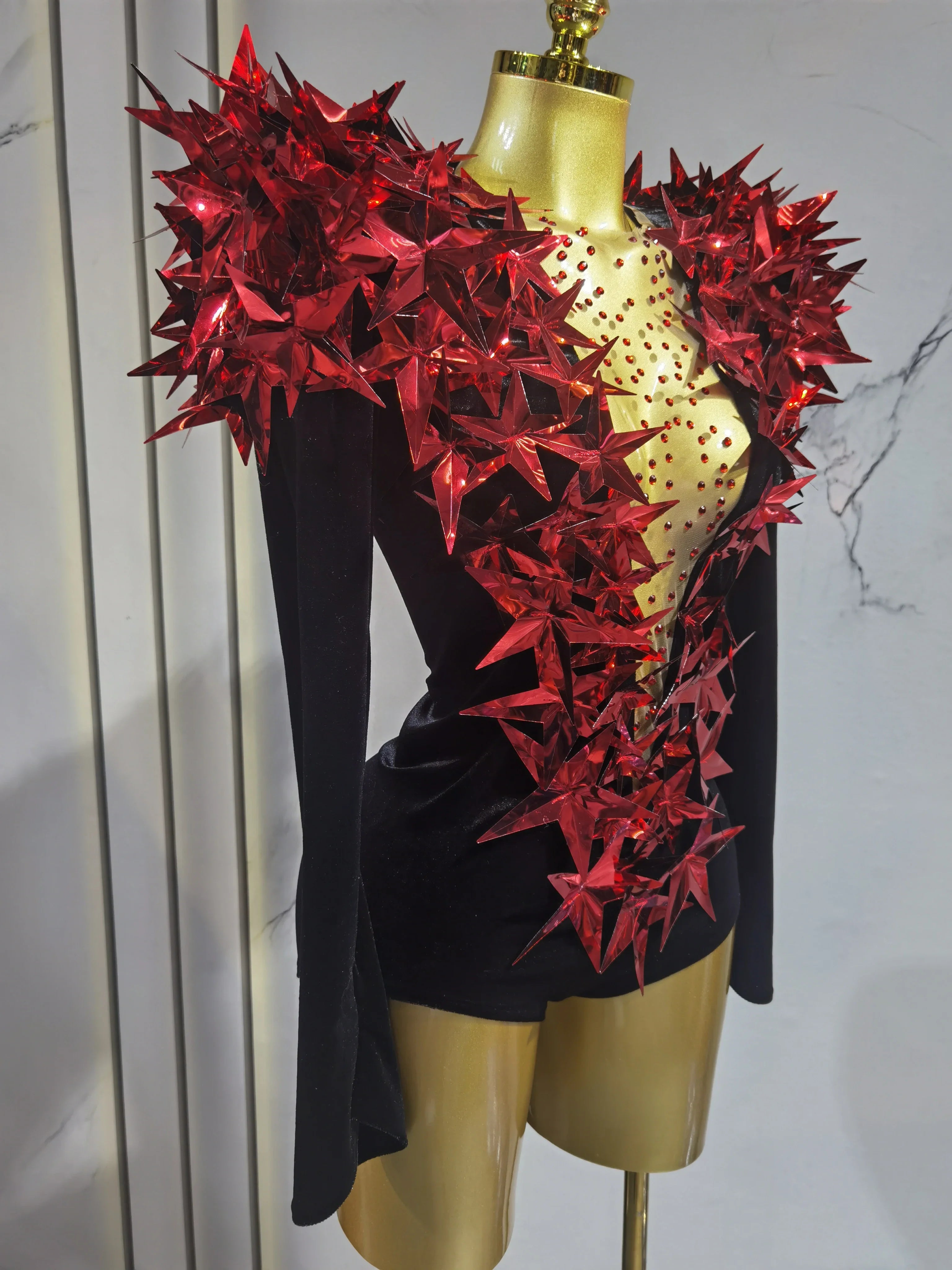 2025 New Shiny Black Rhinestone Velvet Long Sleeve Bodysuit Women Evening Party Club Gala Hosts NightClub Bar Stage Costumes