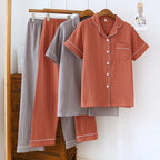 2025 New Japanese Spring/Summer Couple Pajama Set 100% Cotton Crepe Short Sleeve and Long Pants Two Piece Home Suit Thin Style