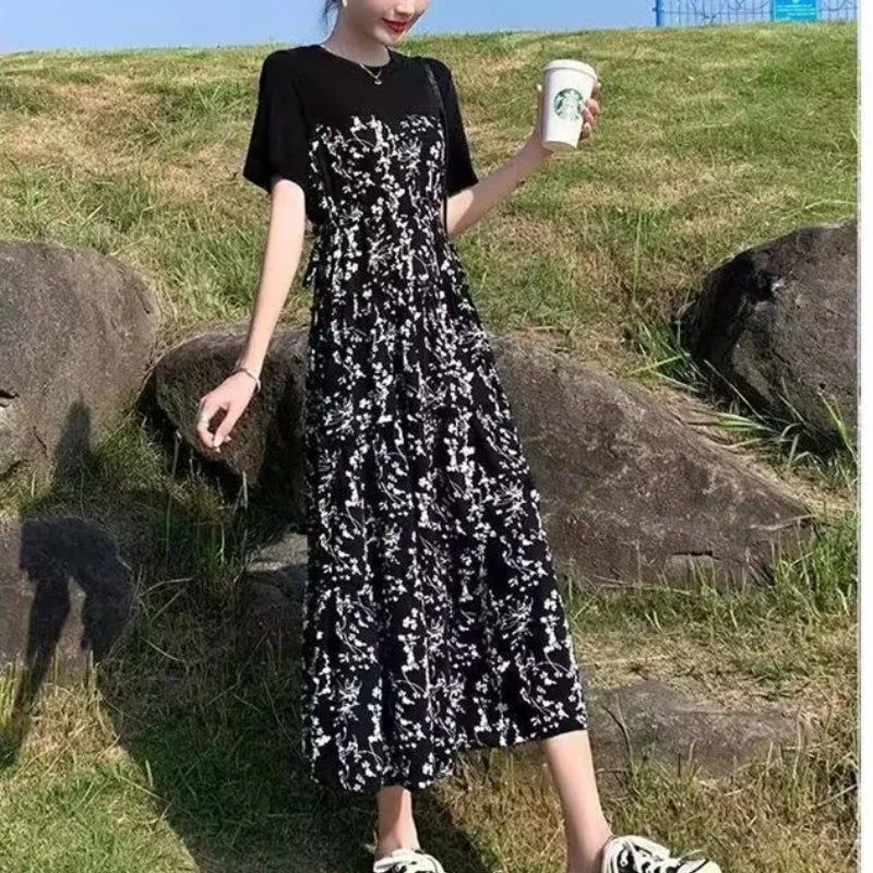 2024 New Summer Korean Version Elegant and Loose Floral Dress Short Sleeved Printed Patchwork Bandage for Women's Long Dress