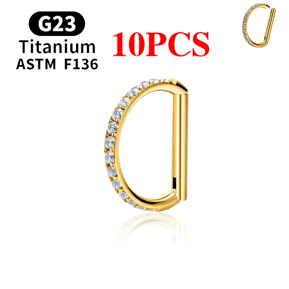 1/10PCS F136 G23 Titanium Piercing Nose Ring D Shape Hinged Segment CZ 16G Clicke Cartilage Tragus Helix Earrings Body Jewelry