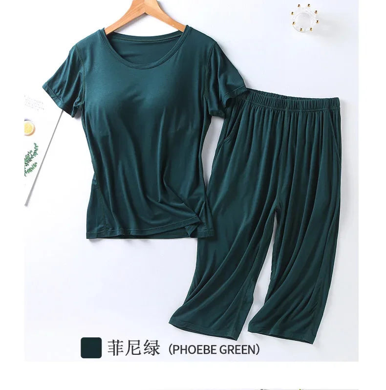 2025 summer new ladies modal pajamas two-piece suit with chest pad short-sleeved cropped trousers plus size home service set