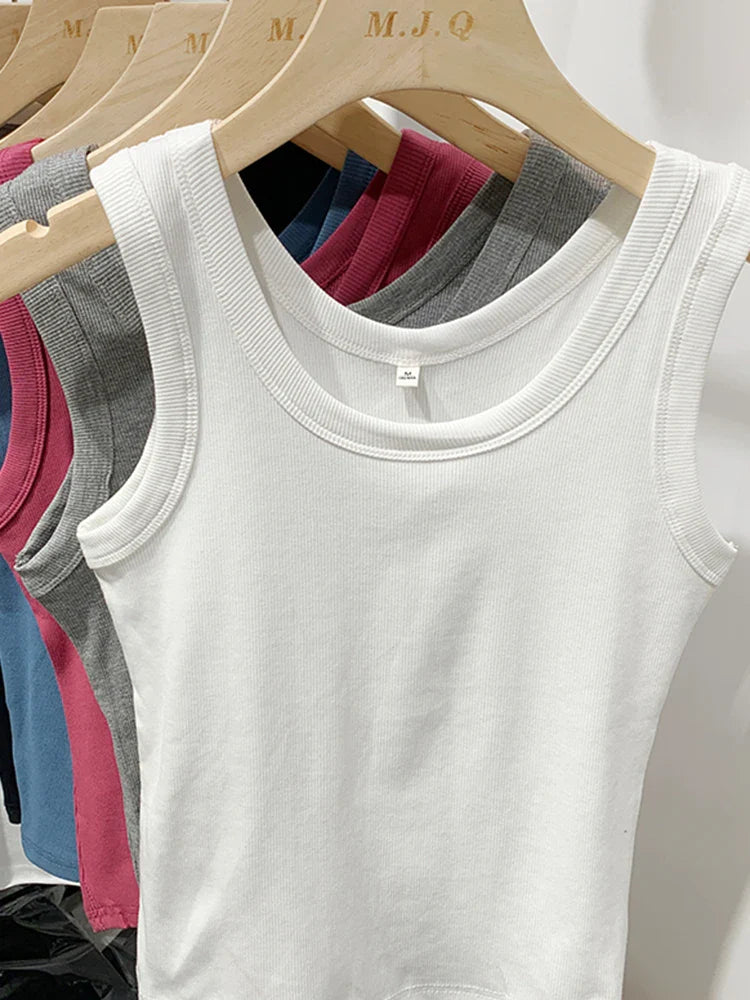 2025 Summer Women Sleeveless Tank Tops Fashion Crop Top O-neck Fitness Knitted Ribbed Vest Female Solid Camis Cropped Streetwear