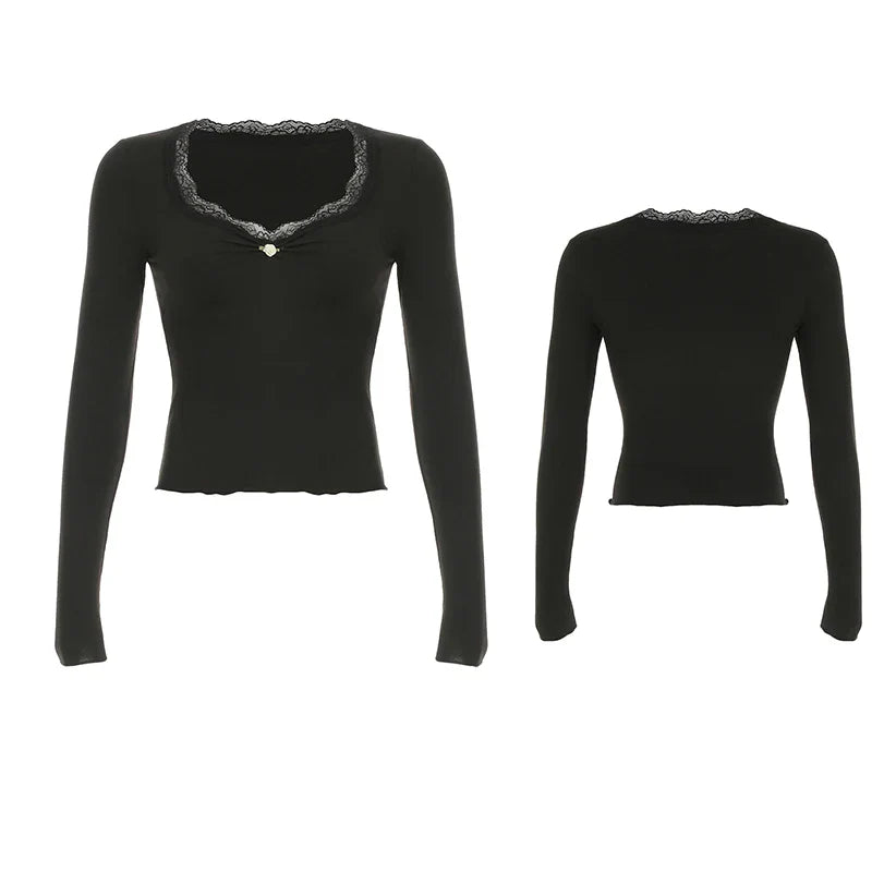 Cuteandpsycho Lace Patchwork Solid Slim Tee Shirts Long Sleeves V-neck Aesthetic Fashion Clothes Vintage Streetwear Black Tops