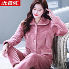 Autumn Winter Thicken Flannel Women Pajamas Set Two-piece suit Warm Loose Long-sleeve Female Casual Home service Single-breasted