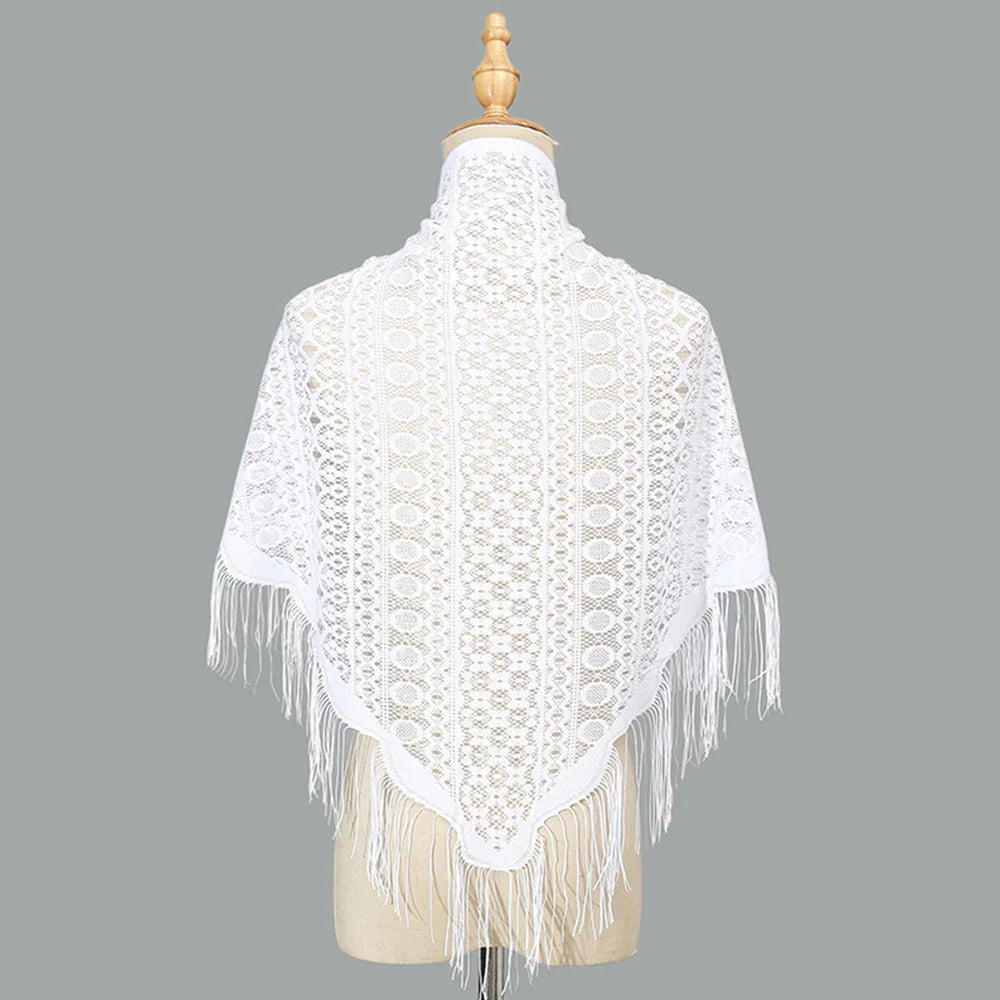2024 White/Black Catholic Woman Spanish Style Lace Tassel Church Veil Head Covering Long Veil Floral Scarves Wedding Accessories