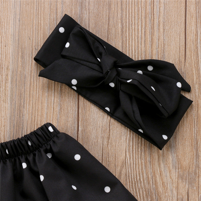 0-36months Baby Girls Summer Outfits Off Shoulder Polka Dot Tops + Ripped Jeans + Bow Headband Girls Casual 3pcs Set