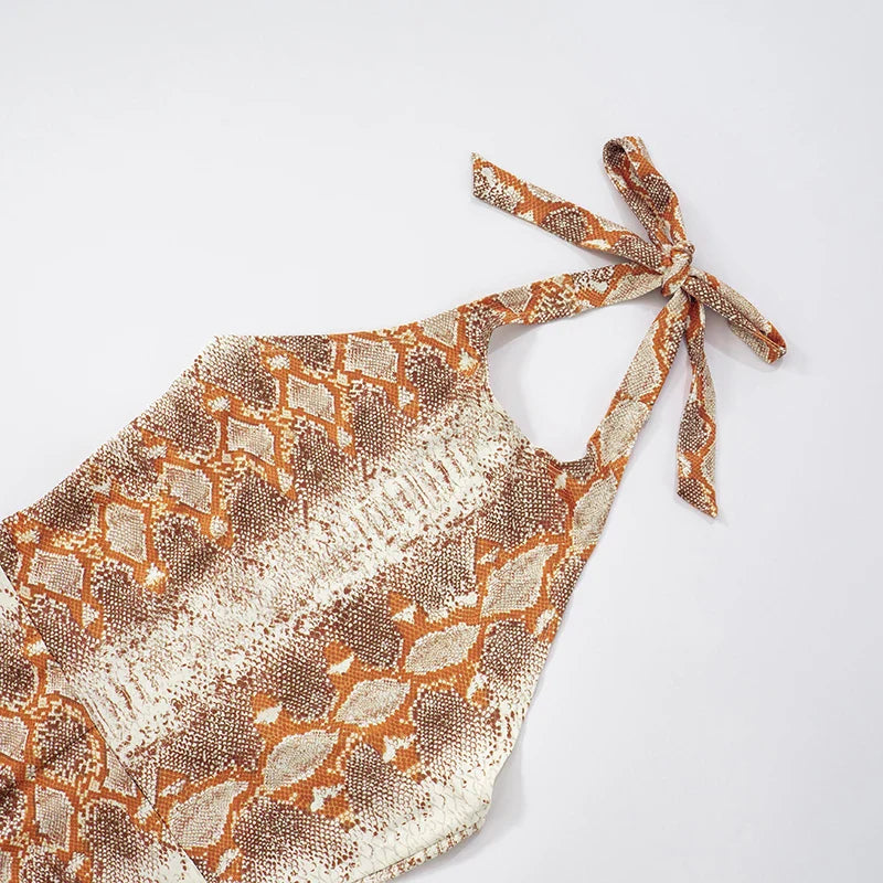 CUTENOVA Women'S Full-Body Printed Hanging Neck Tie Backless Skinny Five Points Jumpsuit Simple Casual Sexy Street Jumpsuit