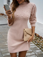 2025 Autumn Women Sweater Dresses Pearls Round Neck Long Sleeve Hip Wrap Dress Winter Elegant Ladies Casual Solid Slim Fit Dress