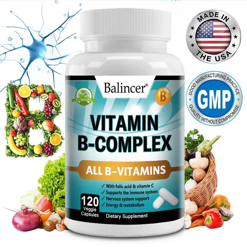 B Vitamins, Folic Acid & Vitamin C Supplement, Immune System Support, Nerve Health & Metabolism, Mood Support 120 Capsules