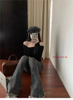 Elegant Off-Shoulder Long Sleeve Knitted Top For Women 2023 Autumn Slimming Smooth Base Layer T-Shirt Polyester Fiber Full Sleev