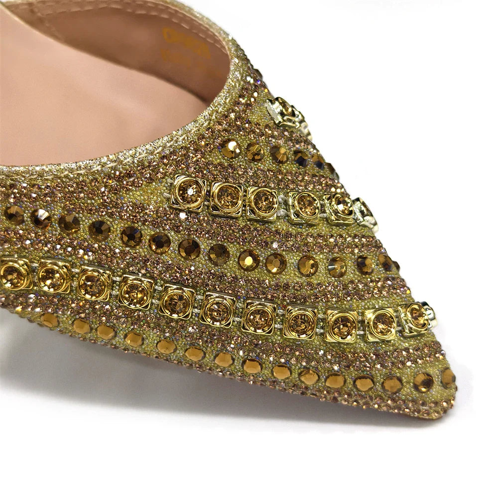 2025 Luxurious Italian Women's Party Shoes & Bag Set â€?Elegant Golden Rhinestone Spring/Summer Sandals with Pointed High Heels f