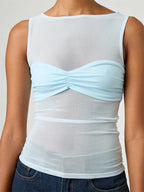 CHRONSTYLE Sexy Women Mesh Sheer See Through Tank Tops Sleeveless Round Neck Solid Color Slim Fit Ruched Patchwork Vest 2025 New