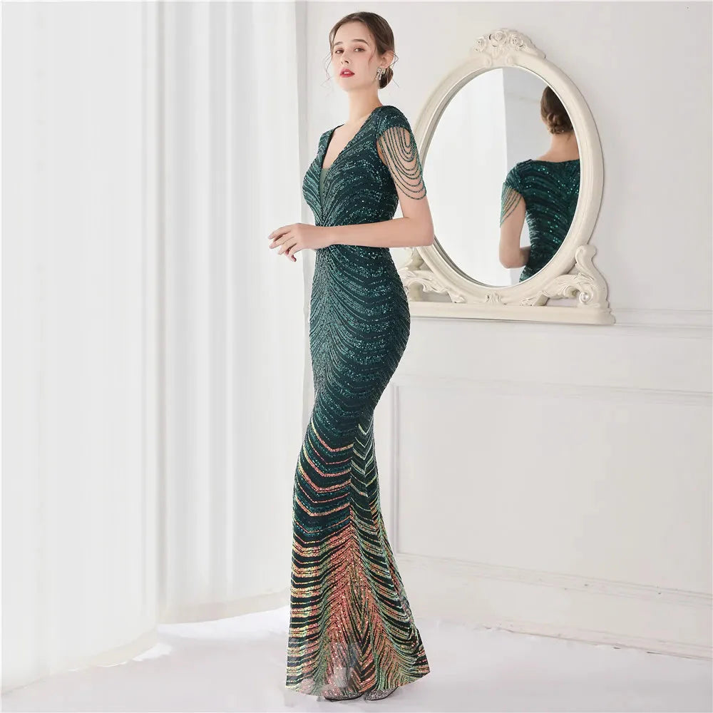 DEERVEADO Elegant V Neck Mermaid Evening Dress Long Luxury Beads Women Evening Party Dresses 2025 New Formal Dress 19085