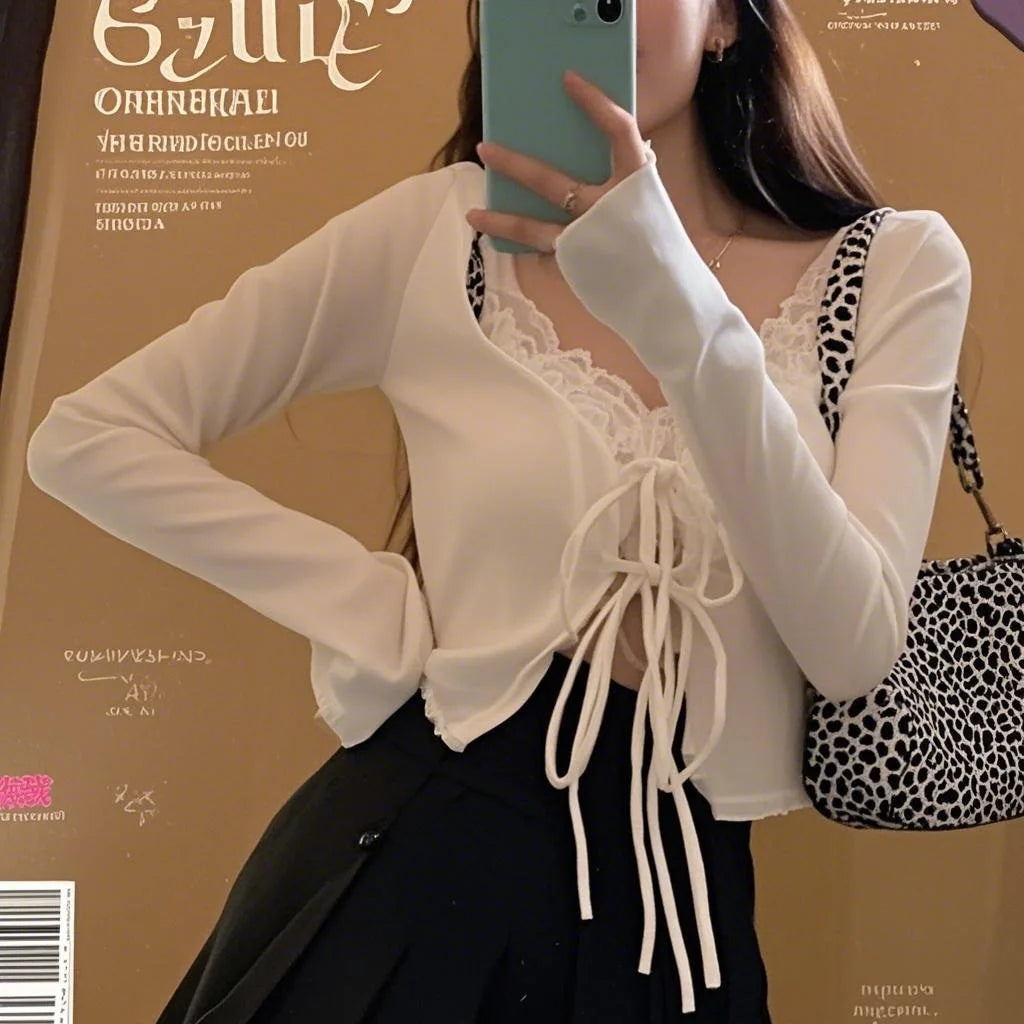 Casual Knitted Cardigan Women Fashion Thin Sunscreen Lace-Up Knitwear Tops Y2k Girls Korean Style Flare Sleeve Cropped Coat