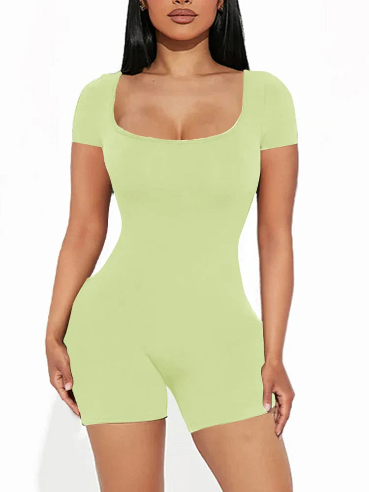 2025 Summer New Women's Sexy Solid Color Short Sleeve U Neck Jumpsuit Short Jumpsuit Yoga Fitness One Piece Polyester