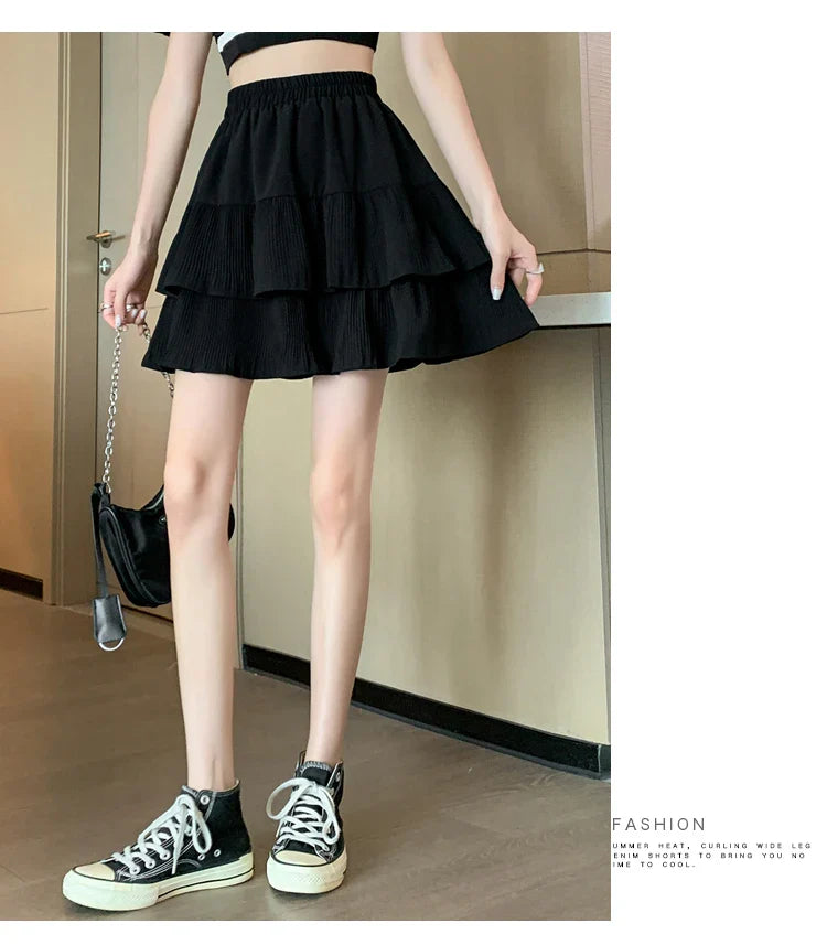 Casual Summer Ball Gown Pleated Skirts Women 2024 Korean Fashion Clothing Faldas Largas High Waist Black White A Line Mini Skirt
