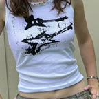 Guitar Print Sleeveless Tank Top Y2K Casual Ribbed Women Grunge Crop Top Harajuku Fashion Vest Tee 90s Street Outfits