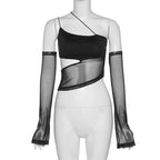 Asymmetrical Cut Out Mesh Crop Top with Sleeves Fairy Grunge  Clothes Transparent Camisole Tank Tops