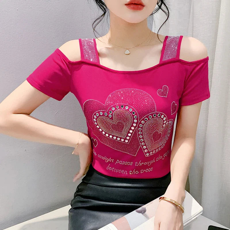 Aoxison Summer Short Sleeved Women's T-Shirt Elegant Slim Shiny Love Heart Diamonds Mesh Tops Chic Girl Sexy Off Shoulder Tees