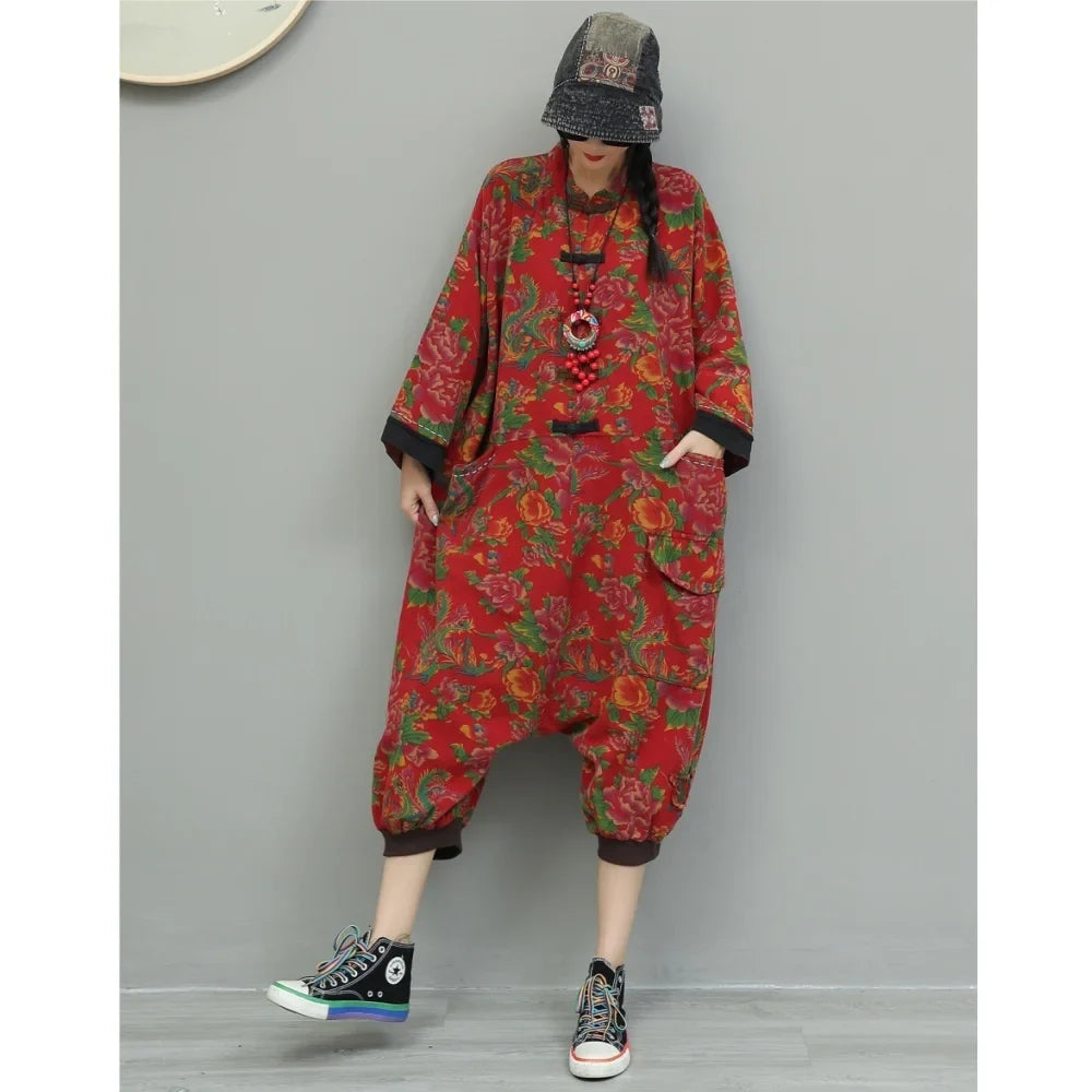Artistic Large Floral Cotton Linen Chinese Style Button Embroidery Loose Casual Jumpsuit Women LX4344