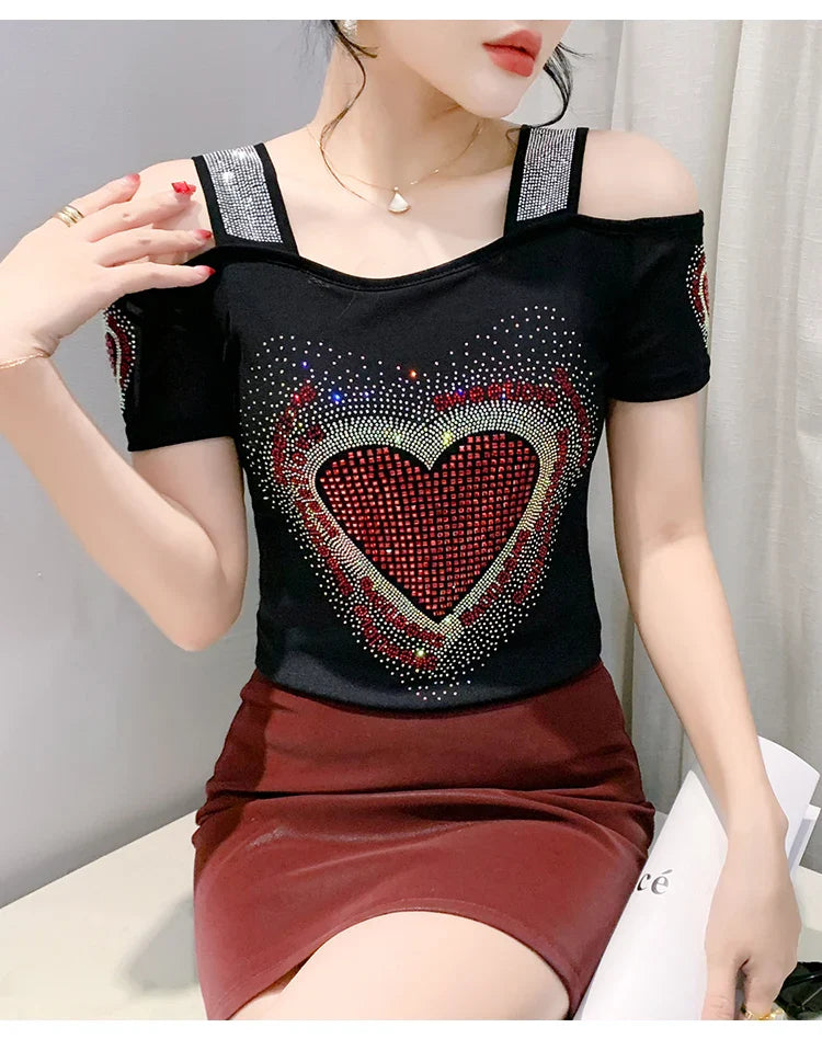 Aoxison Summer Short Sleeved Women's T-Shirt Elegant Slim Shiny Love Heart Diamonds Mesh Tops Chic Girl Sexy Off Shoulder Tees