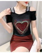 Aoxison Summer Short Sleeved Women's T-Shirt Elegant Slim Shiny Love Heart Diamonds Mesh Tops Chic Girl Sexy Off Shoulder Tees