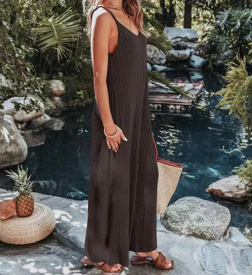 2023 AliExpress Europe and America New Jumpsuit Women's Cross border Summer Female Thread Backless Solid Color Sexy jumpsuit