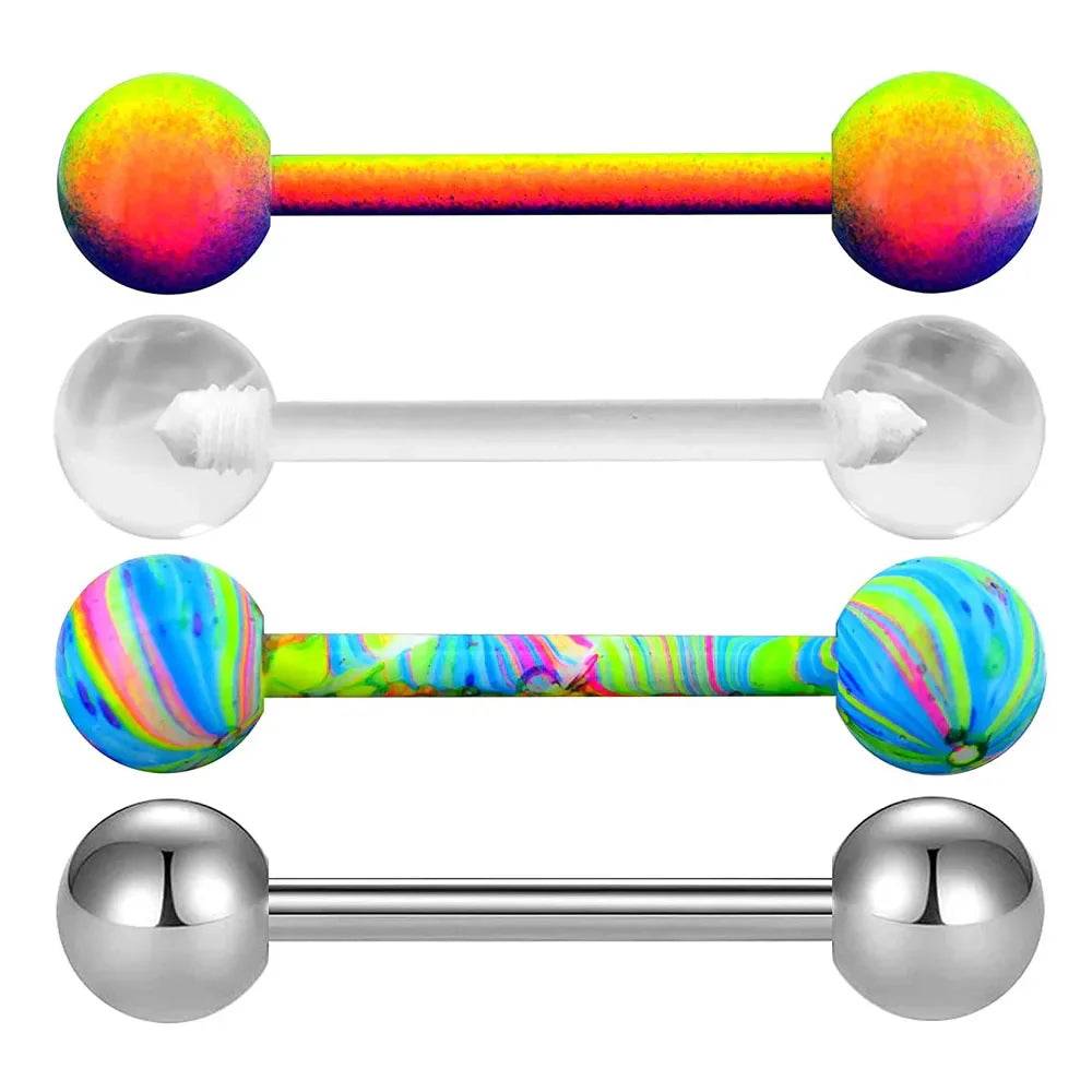 1PCS/4PCS 14G Stainless Steel Tongue Rings Barbell Rainbow Colorful Tongue Bar Piercing Body Jewelry