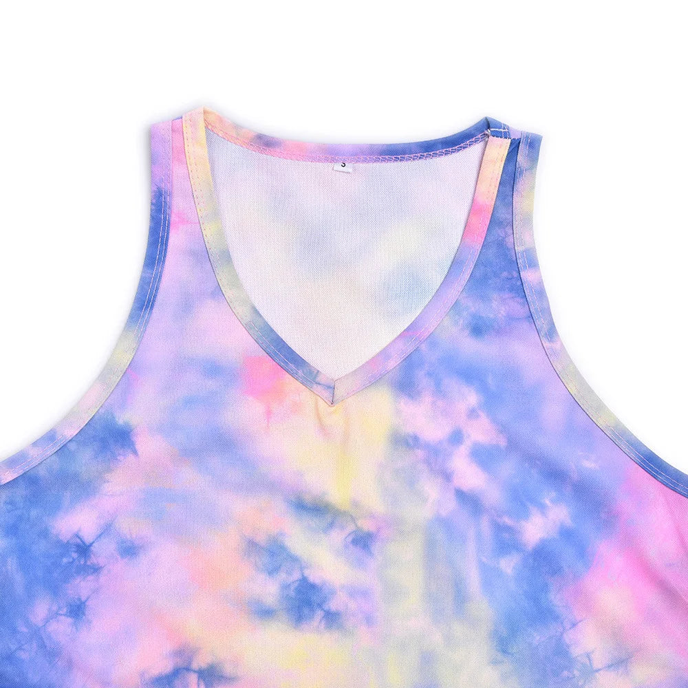 2024 cross-border women's summer new tie-dye cloud sunflower sleeveless vest T-shirt