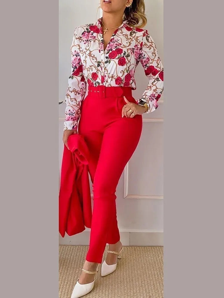 Autumn Winter Stand Neck Floral Print Long Sleeve Shirt Pants Two Piece Sets Elegant Women Casual Shirt Trousers Suits With Belt