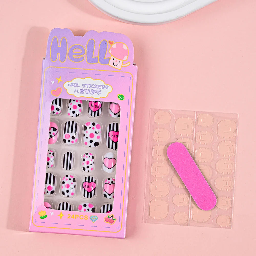 24Pcs Children Cartoon Nail Tips Colorful Cute Rabbit Pink Stars 6-14 Years old Girl Fake Nail With Jelly Glue Kids False Nail