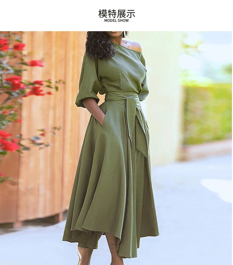 Elegant Women's Spring/Summer Fashion Green Diagonal Neck Middle Sleeve Casual Dress Women's Casual Retro Long Dress s-3XL