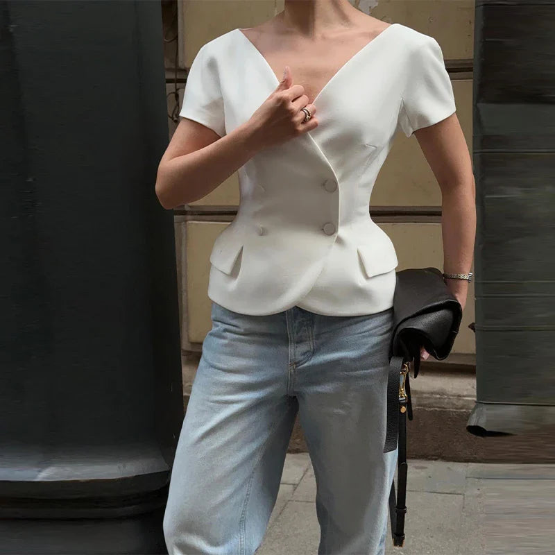 Elegant Short Sleeve Women's Top 2025 Summer Fashion V-neck Button Slim Office Lady Commuting Tops Street Solid Female Shirt