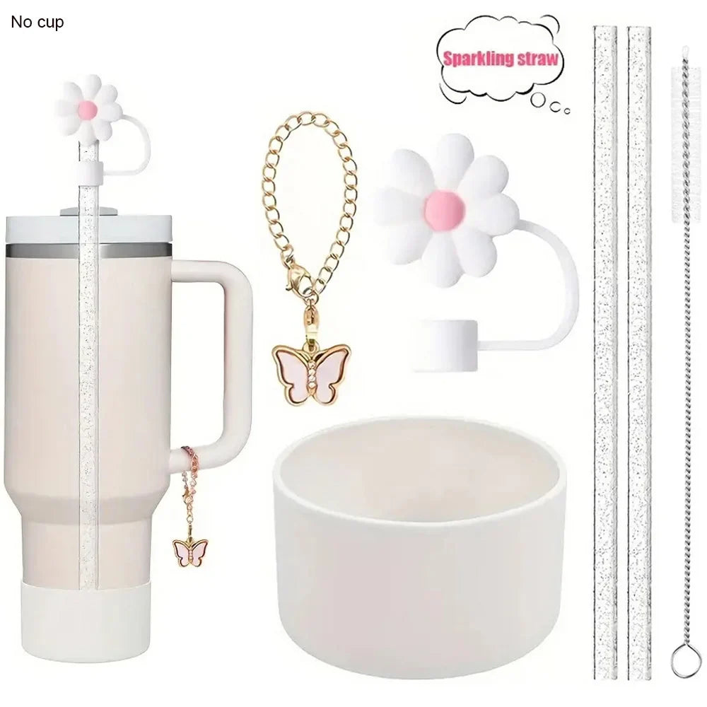 6pcs Reusable Accessories Set for Stanley 40oz Tumblers - Bow Straw Covers, Sparkling Straw, Protective Boot, Charm Chains
