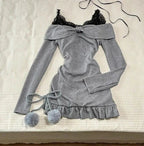 2024 High Street Two Piece Set Gray Slash Neck Long Sleeve Spliced Plested Dresses Y2k Aesthetic Vintage Lace Design Sling Dress