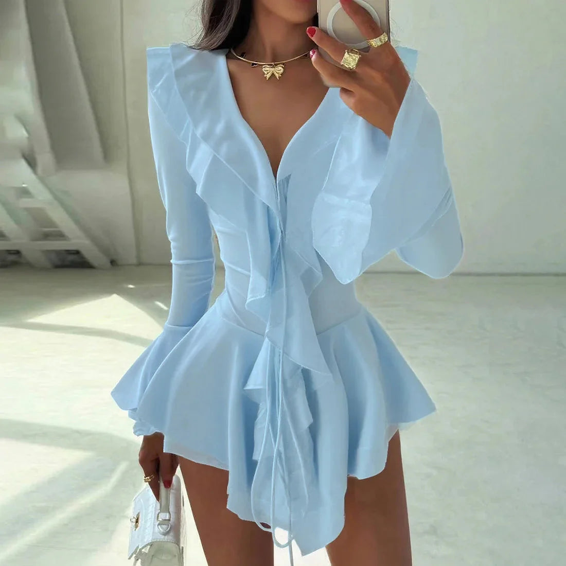 2025 New Autumn Irregular Hem Dress Women Y2K Flare Sleeve V-Neck Bandage Stretch Elegant Birthday Party Chic Hipster Bodycon