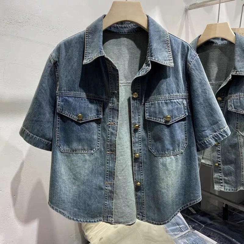 Denim Shirt  Women's Summer 2024 New Turndown Collar Loose Casual Short Jacket Fashion Short Sleeved Single Breasted Thin Top