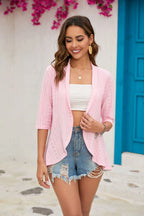 2024 Summer Fashion Ladies Hollow Out Cardigan Boho Tops Women Beach Outwear Casual Three Quarter Sleeve Sunscreen Shirt