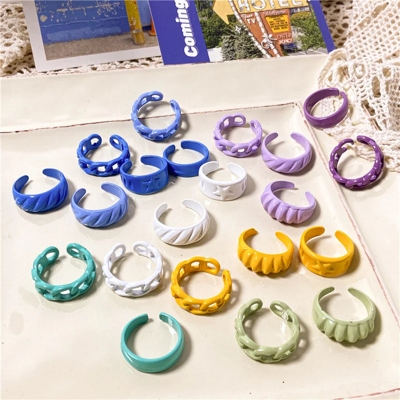 2022 Summer Colorful Ring Set Wholesale Fashion Geometric Chain Candy Color Irregular Opening Rings Women Party Finger Jewelry
