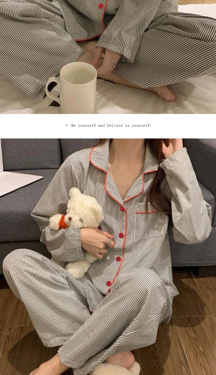 2PCS/Set Women's Long Sleeve Loose Breathable Student Sleepwear Loungewear Cardigan Gray Striped Girl Fashion Pajamas Homewear